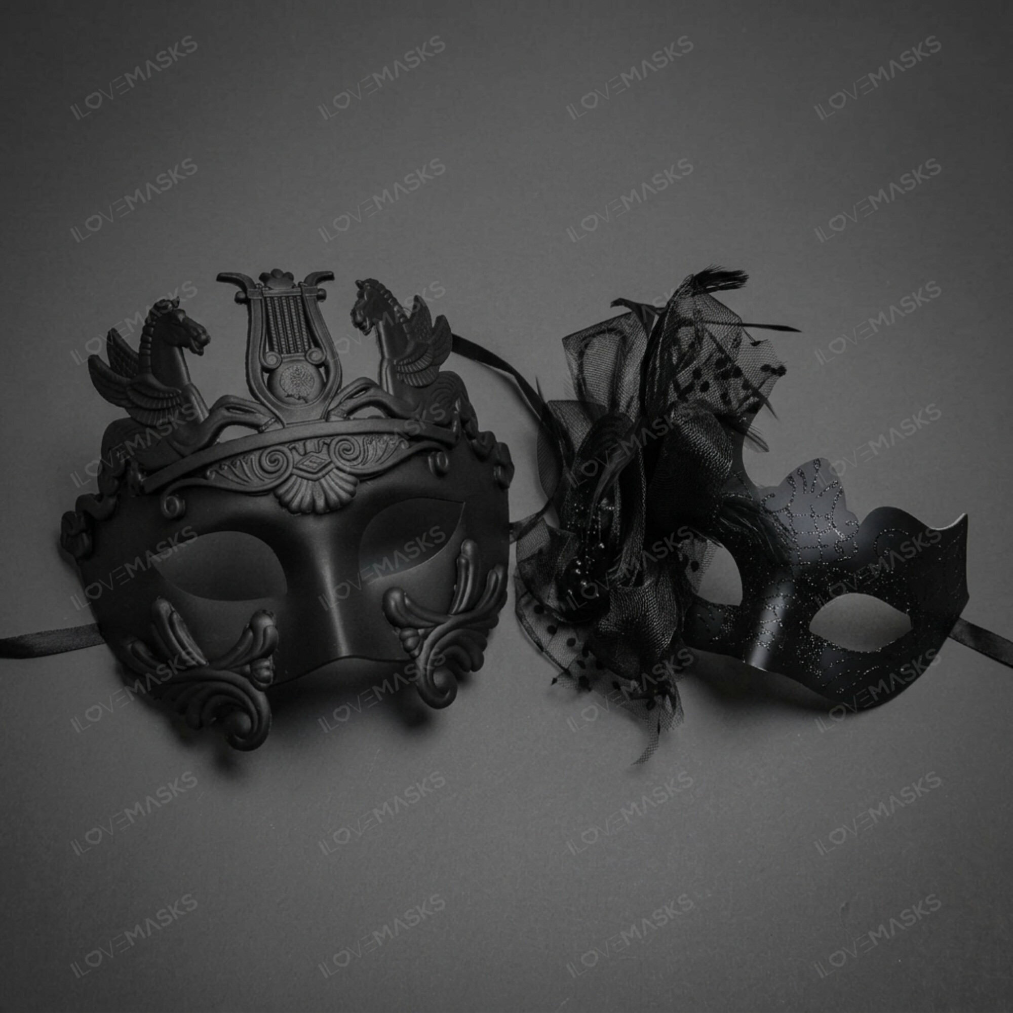 Matte Roman Greek Emperor And Glitter Feather Lace Women Masquerade Mask - Black